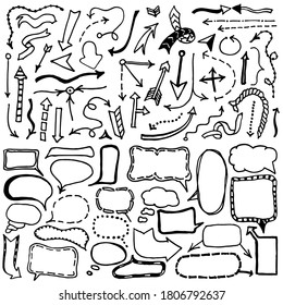Doodle arrows and speech bubbles icon set isolated on white. Grunge black Hand drawn arrow. Vector illustration