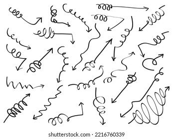 Doodle Arrows spiral icons Set. arrow icon with various directions. hand drawn style. isolated on a white background. vector illustration