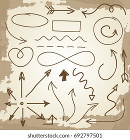 Doodle arrows and symbols on vintage grunge backdrop. Vector illustration