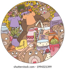 doodle art about a group of bears and cute things for shirt pattern or decoration