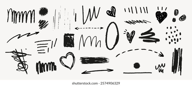 Doodle art with arrows, hearts, and lines. Arrows and hearts mix with lines. Creative doodle art with hearts, arrows, and varied lines. Doodle illustrations, vector set.