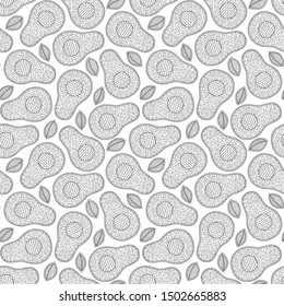 Doodle art avocado seamless pattern. Monochrome black and white graphics texture hand drawn in lines. For printing on stuffs and adult coloring book or coloring page. 