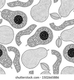 Doodle art avocado seamless pattern. Monochrome black and white graphics texture hand drawn in lines. For printing on stuffs and adult coloring book or coloring page. 