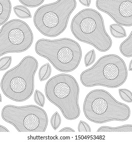 Doodle art avocado seamless pattern. Monochrome black and white graphics texture hand drawn in lines. For printing on stuffs and adult coloring book or coloring page. 