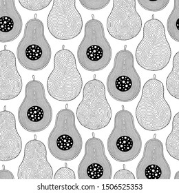 Doodle art avocado seamless pattern. Monochrome black and white graphics texture hand drawn in lines. For printing on stuffs and adult coloring book or coloring page. 