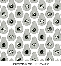 Doodle art avocado seamless pattern. Monochrome black and white graphics texture hand drawn in lines. For printing on stuffs and adult coloring book or coloring page. 