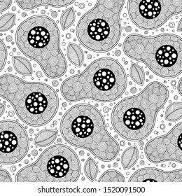 Doodle art avocado seamless pattern. Monochrome black and white graphics texture hand drawn in lines. For printing on stuffs and adult coloring book or coloring page. 