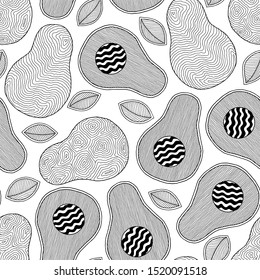Doodle art avocado seamless pattern. Monochrome black and white graphics texture hand drawn in lines. For printing on stuffs and adult coloring book or coloring page. 