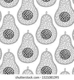 Doodle art avocado seamless pattern. Monochrome black and white graphics texture hand drawn in lines. For printing on stuffs and adult coloring book or coloring page. 