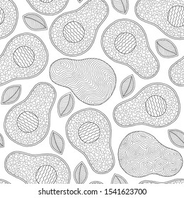 Doodle art avocado seamless pattern. Monochrome black and white graphics texture hand drawn in lines. For printing on stuffs and adult coloring book or coloring page. 