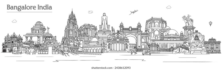 Doodle art, Bangalore Skyline landmarks and Historic Vector Line art Illustration, black and white drawing art