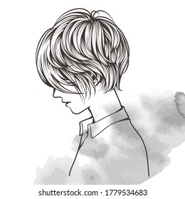 Dibujo de una hermosa mujer de pelo corto con su lado mirando aislado en un fondo blanco. Hermosa ilustración vectorial dibujada a mano. decoración, pegatinas, patrones y más.