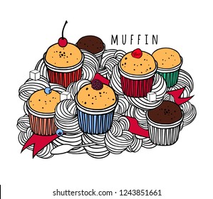 Doodle art with berry and chocolate muffin. Sweet cakes with sugar cubes and a teaspoon. Vector illustration.