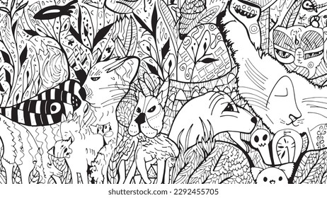 Doodle art in black and white line drawing of cats and dog playing, vector illustration
