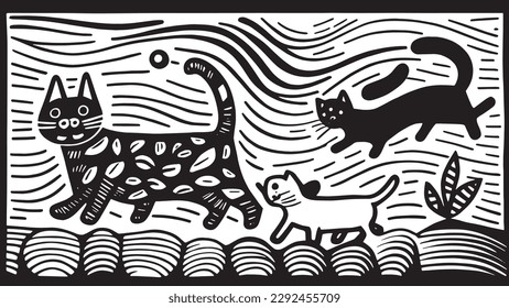 Doodle art of black and white line drawing of cats and dog playing,  vector illustration