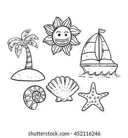 Doodle Art Boat On The Sea With Small Island, Smile Sun And Shell