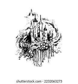 Doodle art with castle. Gothic tattoo art. Vector drawing. 