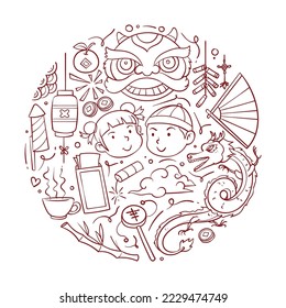 doodle art with chinese new year theme. there are various items with the characteristics of Chinese culture.