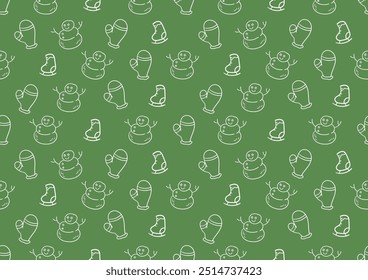 Doodle art of Christmas and winter seamless patterns on a green background. For cards, frames, posters, book covers, textiles, wallpaper, wrapping and fabric. 