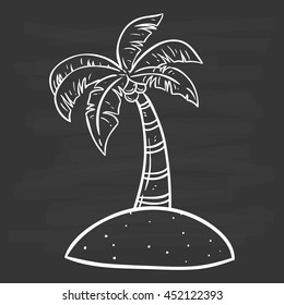 Doodle art coconut tree on small island with chalkboard background