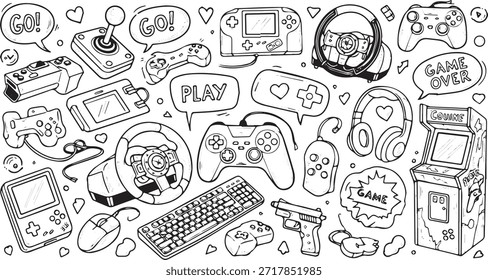 Eine Doodle-Art-Kollektion mit verschiedenen Spielekonsolen, Controllern, Joysticks, Tastaturen, Mäusen und Arcade-Maschinen.
