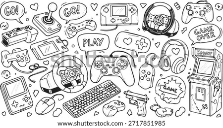 A doodle art collection featuring various gaming consoles, controllers, joysticks, keyboards, mice, and arcade machines.