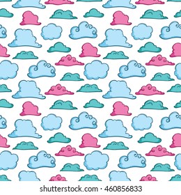 Doodle art and colorful clouds in seamless pattern