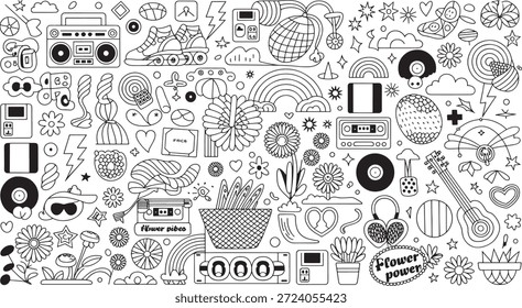 Doodle Art Compilation zeigt verschiedene handgezeichnete Icons wie Retro-Boomboxen, Blumen, Rollschuhe und Musikelemente, die eine dichte und verspielte schwarz-weiße visuelle Textur schaffen.