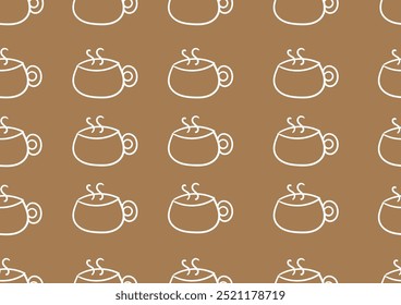 Doodle art cup of coffee or tea with seamless patterns on a brown background. For cards, frames, posters, book covers, textiles, wallpaper, wrapping and fabric. 