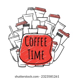 Doodle art of cup in hand drawn design with coffee time text for coffee shop or other drink background design. Cartoon design of cup