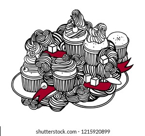 Doodle art with cupcake, muffin and berries. Sweet dessert with sugar cubes, a plate and a spoon. Hand drawn vector pattern.