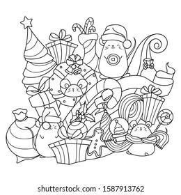 Doodle art with cute kawaii mice and Christmas decorations. Symbol of Chinese New Year 2020. Cheerful mouse with gifts. Easy to change colors inside of objects.