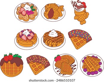 Doodle art of cute waffle with fruit and cream.
Illustration of waffle sweet dessert yummy food.