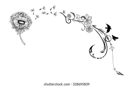 doodle art Dandelion flower and bird