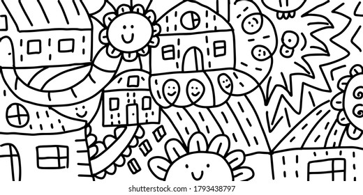 Doodle art. Decorative doodles pattern. Abstract houses, streets, flowers. Hand-drawn vector black and white Illustration.