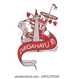 Doodle art design containing hand drawn national monuments, climbing areca palms and other icons of Indonesian independence. Dirgahayu RI means is long live Republic Indonesia