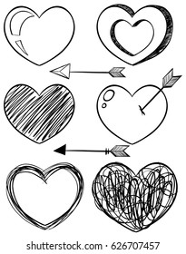 Doodle art for different shapes of hearts illustration