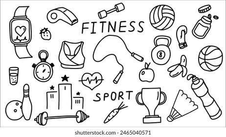 Doodle Art Displaying Various Fitness and Sports Equipment in Black and White