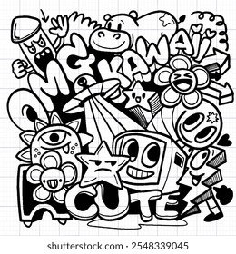Doodle art featuring cute characters, stars, and playful elements, expressing joy and creativity. Perfect for fun designs and vibrant themes
