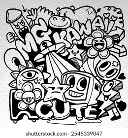Doodle art featuring cute characters, stars, and playful elements, expressing joy and creativity. Perfect for fun designs and vibrant themes