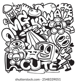Doodle art featuring cute characters, stars, and playful elements, expressing joy and creativity. Perfect for fun designs and vibrant themes