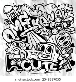 Doodle art featuring cute characters, stars, and playful elements, expressing joy and creativity. Perfect for fun designs and vibrant themes
