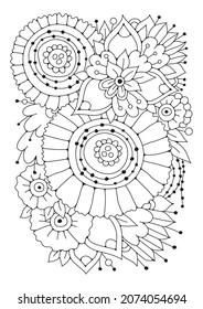 Doodle art flowers. Floral zentangle pattern. Coloring page.