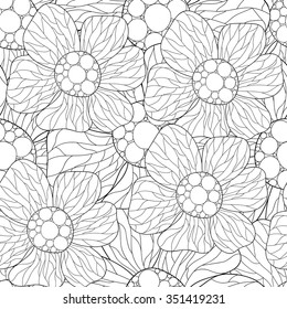 Doodle art flowers seamless pattern. Hand-drawn black and white background.
