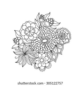 Doodle art flowers. Zentangle floral pattern. Hand drawn herbal design elements.