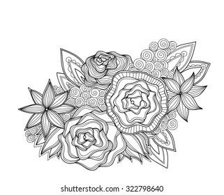 Doodle art flowers. Zentangle floral pattern. Hand-drawn herbal design elements.