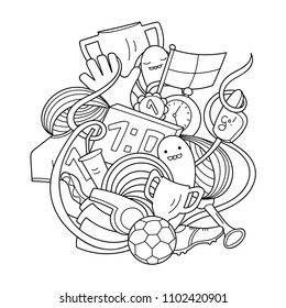 
Doodle art of football items with cute monsters. Sport inventory emblem. Possibility to easily change colors for your design. Vector illustration.