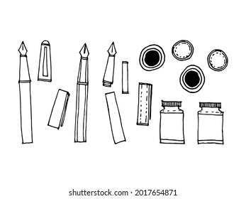 Doodle art of fountain pen and ink set. Graphic element for office and school concept.