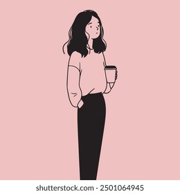 Doodle Art of Girl Holding Coffee Cup Illustration