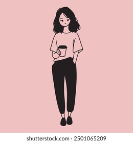 Doodle Art of Girl Holding Coffee Cup Illustration